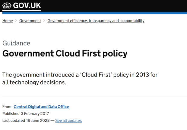 Screen shot of the government cloud first policy