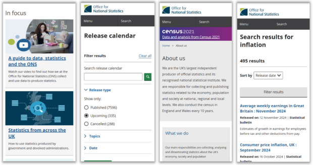 Multiple screen shots of the ONS website