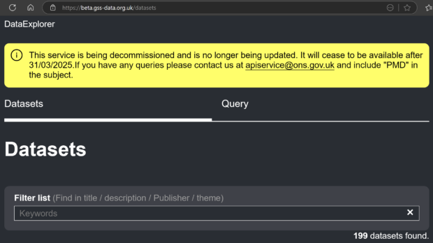 Screen shot of the Publish My Data homepage showing the decommissioning notice