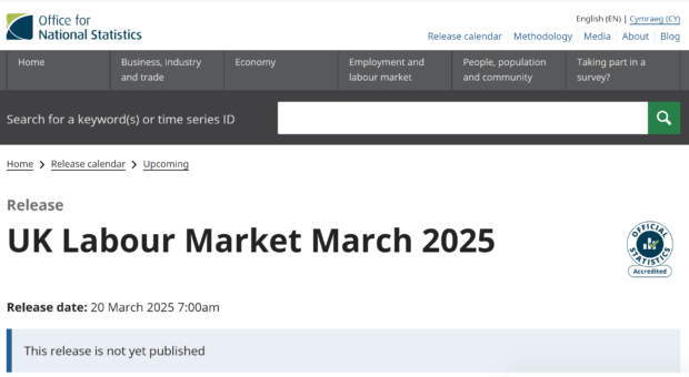 Screen shot from the ONS website showing a pre-release UK Labour Market page